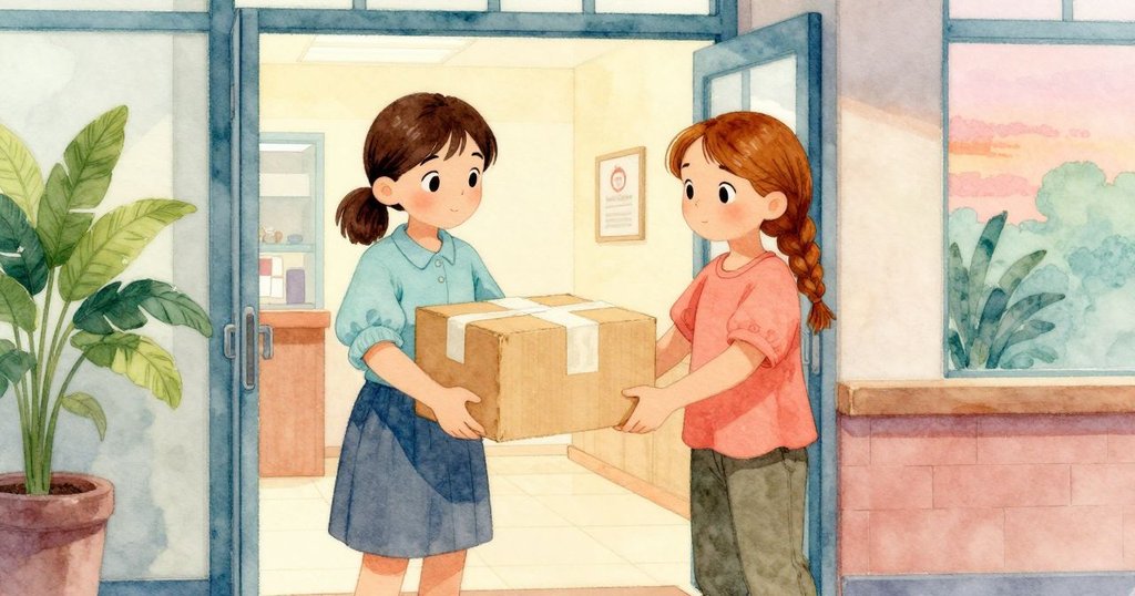 完成寄件後，Elise 與 Thalia 攜帶包裹離開郵局，室內柔和光線和散落細節見證溫馨結局。