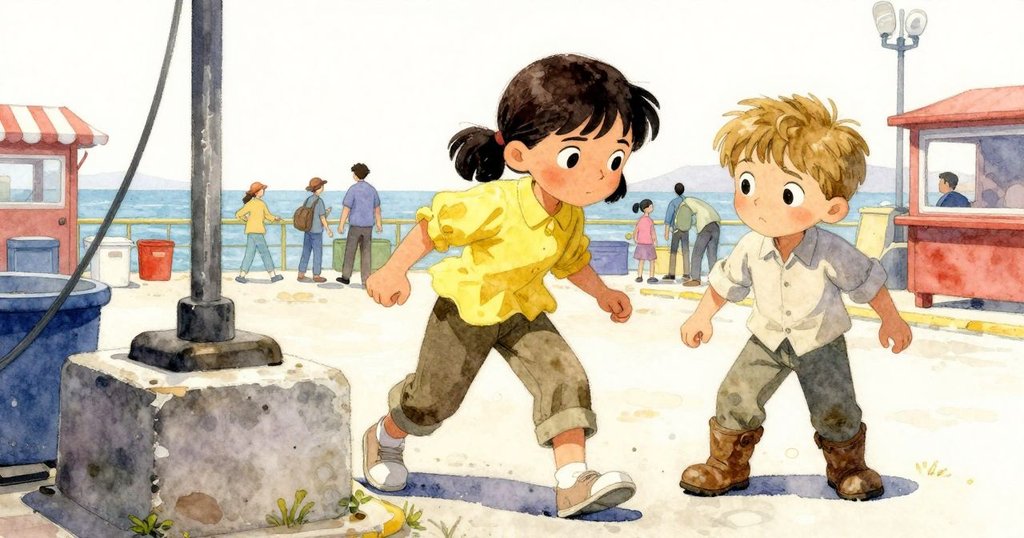 Xyla與Cal站在熱鬧的碼頭上，Xyla呼喊指示，Cal踏在花崗岩上，旁邊有海鷗與忙碌人群，充滿活力的冒險場景