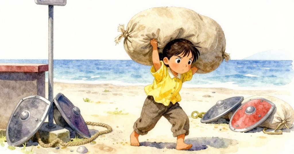 Xyla專注地從計量台上提起袋子，周圍有繩圈和護盾，背景呈現碼頭的工作場景，充滿決心的神情