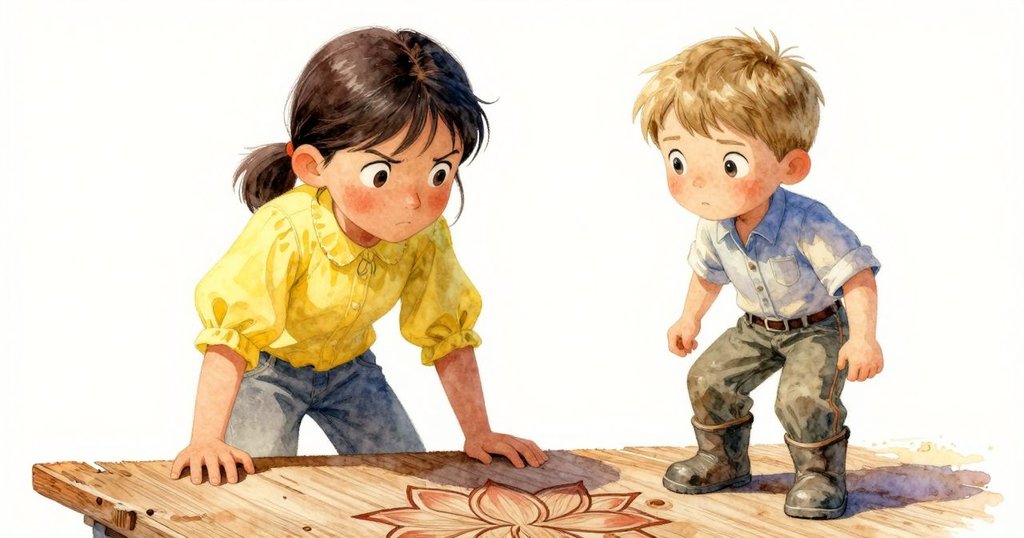 透過Cal的視角，聚焦於一塊刻有蓮花圖紋的老木板，陽光柔和照射呈現細膩紋理，充滿好奇與發現的神情