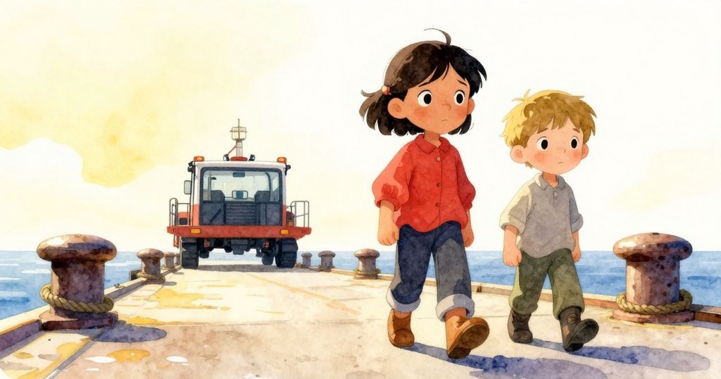 Cal與Xyla走向裝卸區，背景有柱子與繩圈點綴的碼頭，晚陽柔和灑落，象徵轉折與新的開始