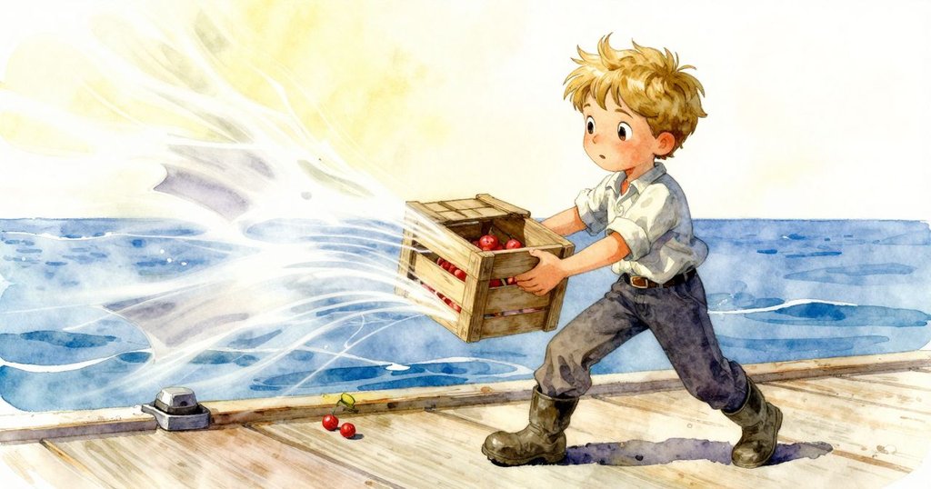 Cal在風中緊握著箱蓋，畫面定格在衡器指針停在十公斤的瞬間，背景中畫布被風吹動，動靜交融充滿張力