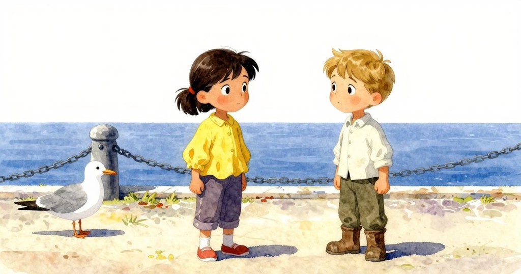 Xyla與Cal並肩站立於開闊碼頭，背景中灰鷗啄取棄置畫布，整個場景充滿和平與希望的明亮氛圍