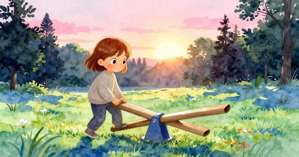 Margot 走向空曠的搖搖板, 清晨柔和陽光灑落, 表情好奇而期待, 戶外公園背景中呈現新奇冒險起點。