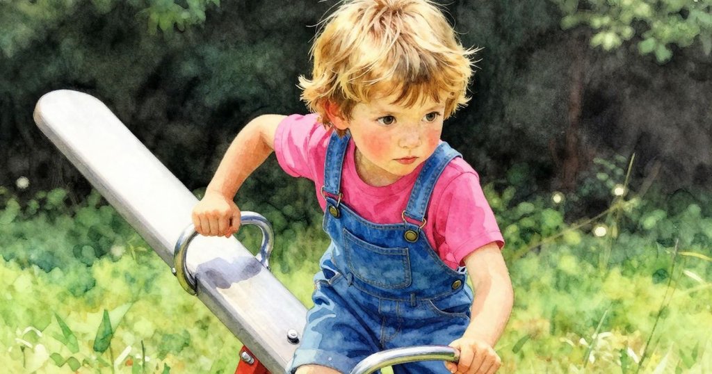 Sara 坐在搖搖板高處, 臉部特寫展現決心, 柔和陽光照耀下明顯的情感, 傳達穩定與專注。