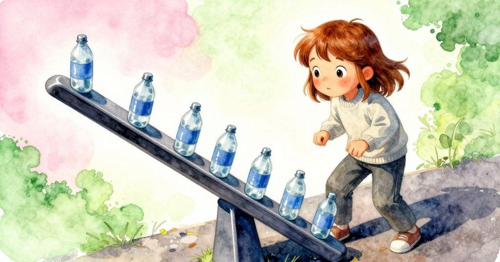 Margot 推動搖搖板傾斜, 水瓶沿著木板凹痕緩緩滾動, 呈現扭曲動感效果, 燦爛光線中強調動態變化。