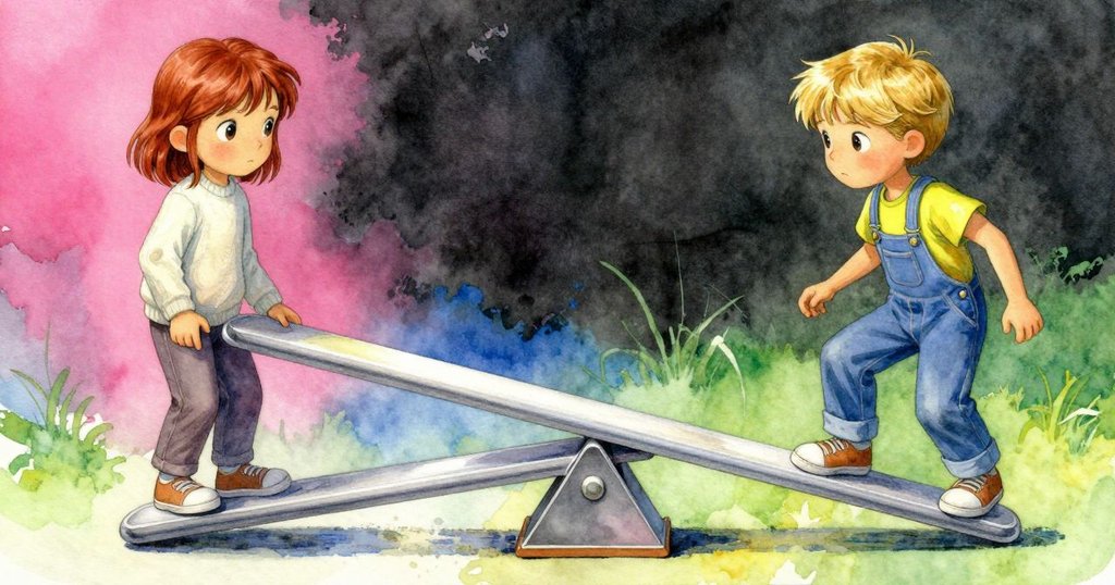 雙重畫面呈現現實與幻想, Margot 與 Sara 於搖搖板上動作交錯, 一邊現實不平衡一邊理想平衡, 敘述平衡掙扎。