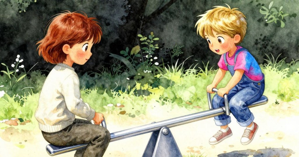 Sara 與 Margot 於搖搖板上合作調整, 表情洋溢喜悅, 在明亮溫暖光線下共同迎接平衡的瞬間, 充滿團隊精神。