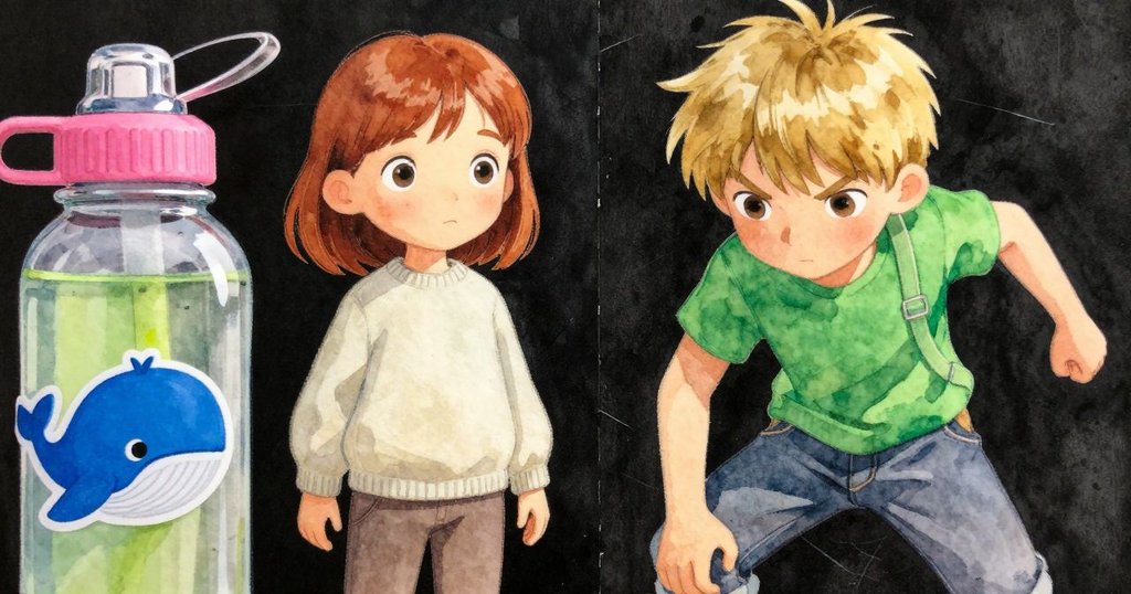 鏡頭聚焦水瓶標籤, 魚圖案閃耀光彩映襯搖搖板木紋痕跡, 呈現象徵成長旅程的細膩意義, 陽光清晰。