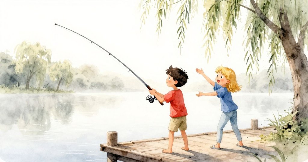 在薄霧中, 男孩舉竿釣魚, 女孩陪坐碼頭, 柳樹間透出柔和晨光, 氣氛寧靜充滿期待
