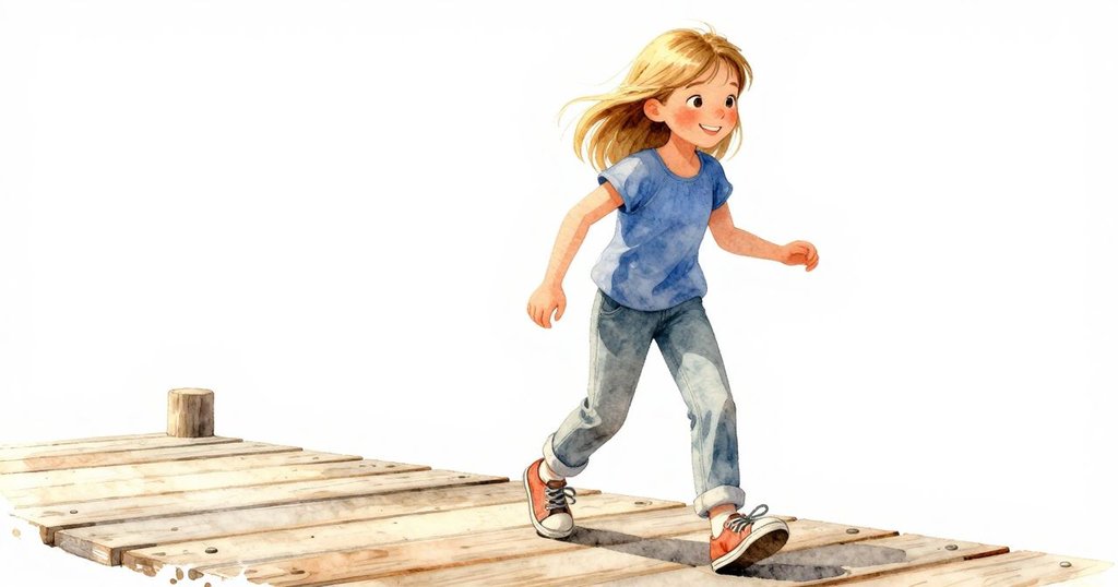 女孩輕步走在溫暖木板上, 鞋子與散落釣配隨步動, 陽光灑落, 呈現探索與活力感