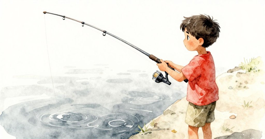 男孩從上方視角專注操控釣竿, 釣線優雅拋向綠水, 畫面細膩呈現釣魚瞬間的靜謐與張力