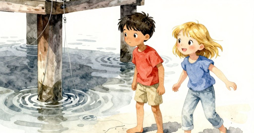 碼頭下方隱藏著盤繞固定柱的釣線, 柔和水波中透出小魚閃現, 神秘且細緻的自然探索