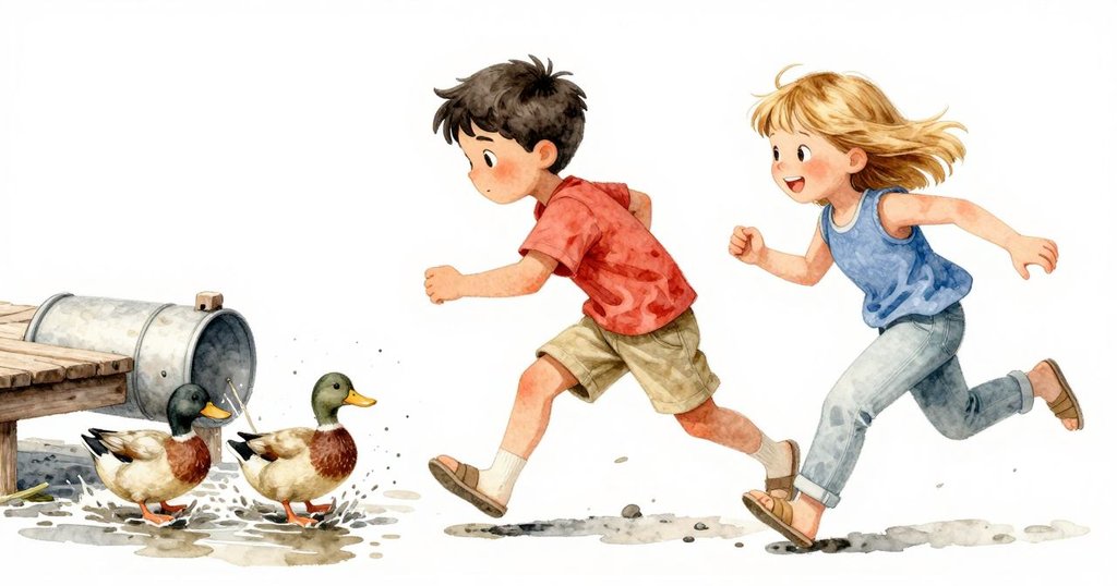 鴨子突入碼頭激起飛濺水花, 男孩與女孩急追翻滾的誘餌盒, 場面充滿緊張與活力, 氣氛動感十足