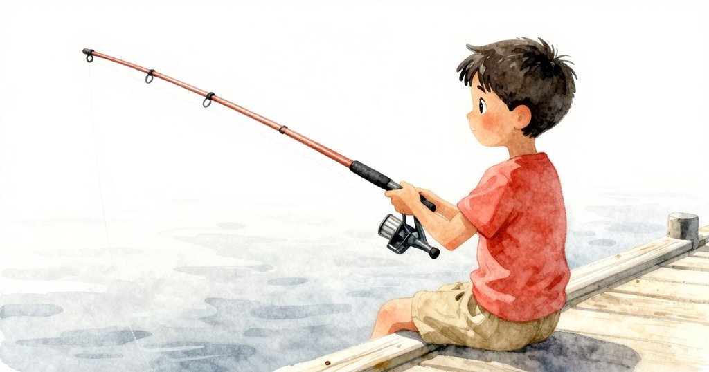 男孩專注調整釣竿與線, 陽光灑落碼頭, 魚具重整展現新生希望, 場景平和溫暖