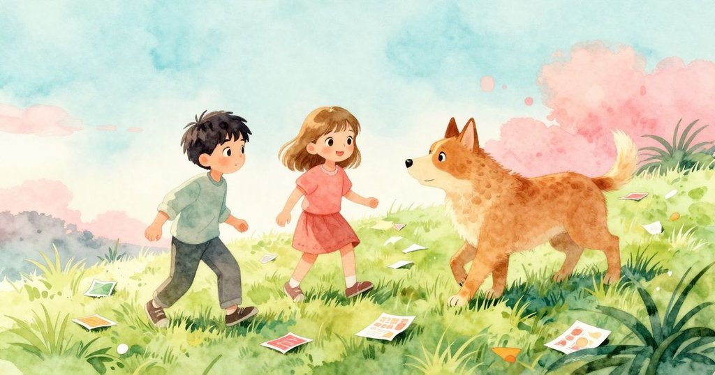 Ian正彎腰整理毛毯上的草屑，Opal在旁邊輕鬆打開籃子蓋子，狗在邊上活動，背景是斜坡與綠草，氛圍動感。