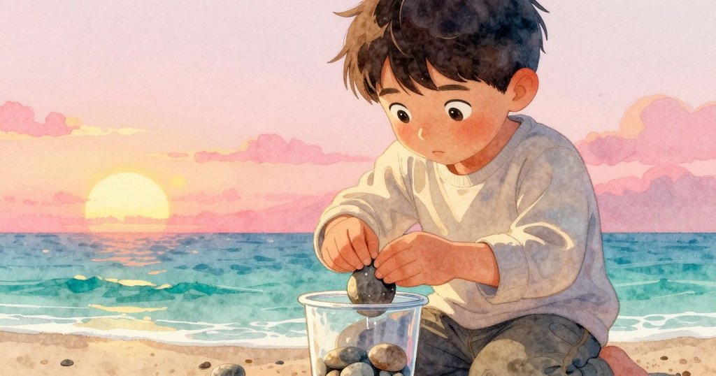 Ian專注地用手將光滑的小石塊塞入滑動的杯子後面，他神情堅定，物件細節清晰，背景呈現溫暖光線。