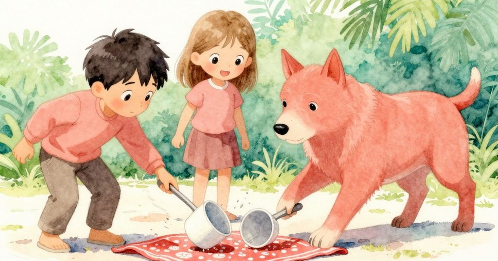 從Opal視角看到杯子碰撞叉子及盤子翻飛，紅色方格布上物品移動不定，畫面動態十足，情節迅速展開。