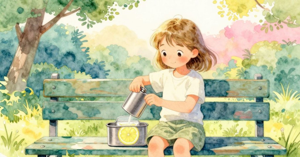 Opal在公園長椅旁調整金屬檸檬水瓶蓋，同時推動午餐盒阻擋檸檬水流，動作穩健，背景綠意盎然，氣氛平和。