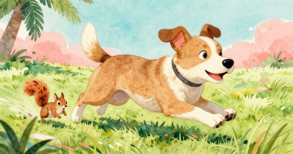 狗迎著陽光在草地上追逐快速奔跑的松鼠，繩子揮動並發出清脆聲響，畫面充滿活力與動感。