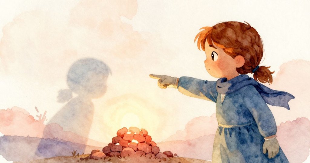 傍晚溫暖光線下，Gemma輪廓分明，指向爐堆旁新鮮蹄印，充滿期待與好奇。