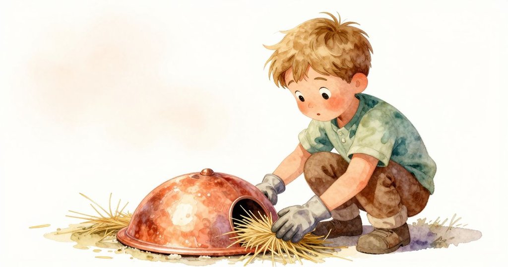 Remy蹲下輕拂稻草，專注於淺凹痕處，背景呈現帶銅色光暈的窯頂，動作生動細膩。