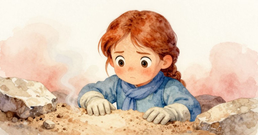 Gemma視角下的砂岩碎片粗糙半掩，微微冒蒸氣，手輕觸石面呈現出探索與驚奇。