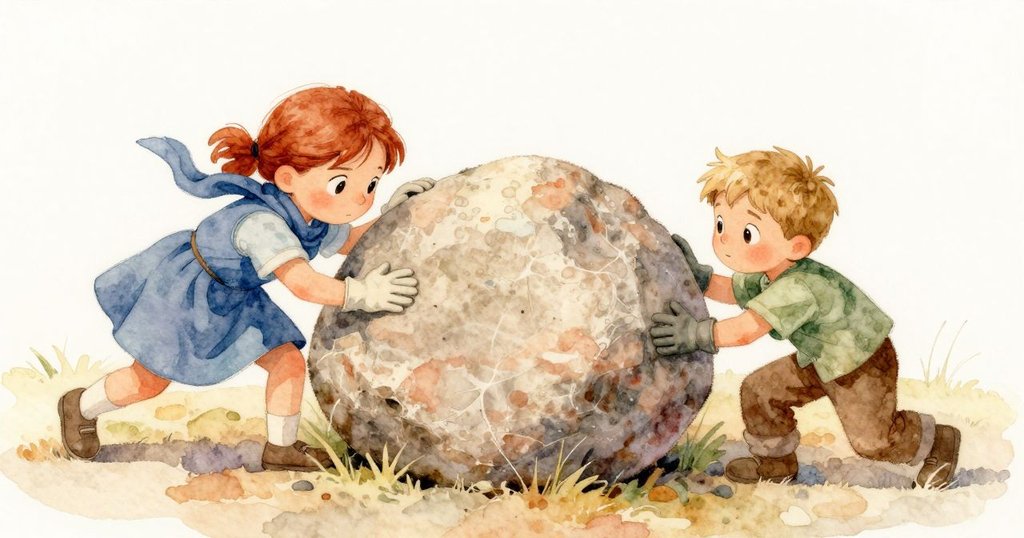 從上方視角看，Gemma與Remy合作推動砂岩碎片，調整裂縫中冒蒸氣，展現團隊協作的溫馨瞬間。