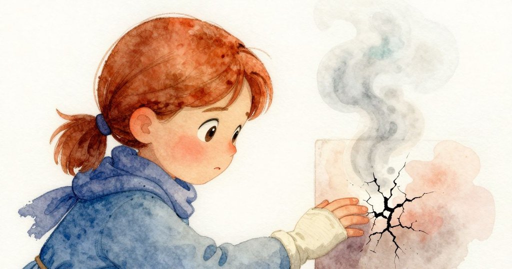 凝固瞬間，Gemma專注地將手靠近冒冷蒸氣的裂縫，表情謹慎，展現出溫度變化下的微妙平衡。