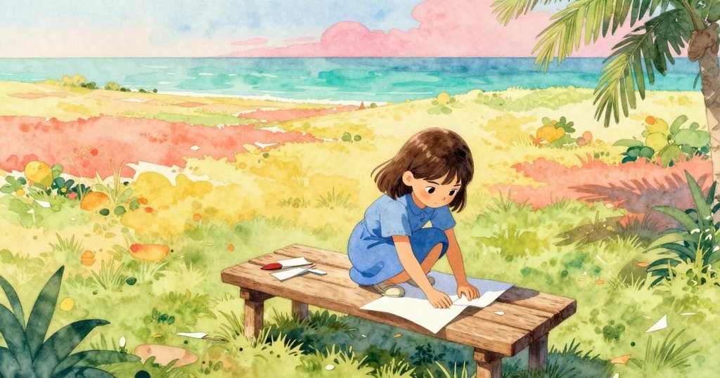 瑪哥在陽光草地上整理紙飛機,從高空俯瞰綠色長椅和紙飛機堆疊,神情專注且溫暖。