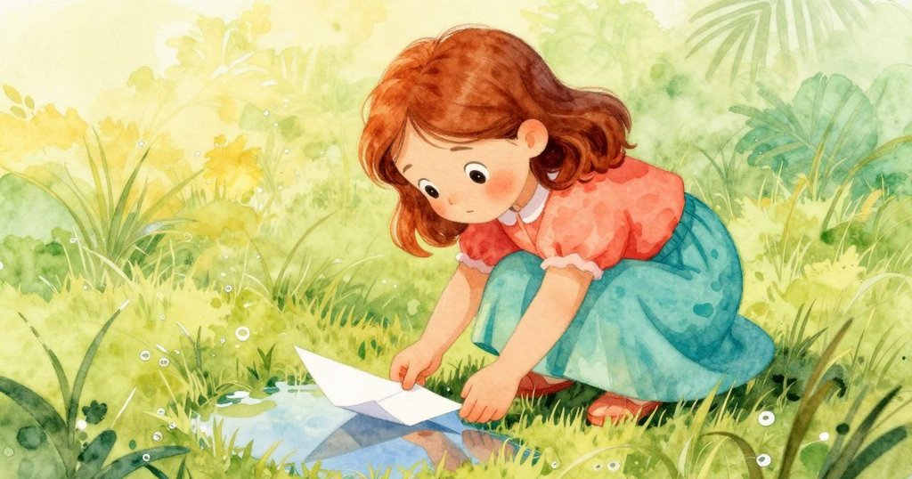 伊妮彎腰檢查紙飛機彎曲鼻端,水坑中映出小蝌蚪和濕潤草地,目光專注充滿好奇。