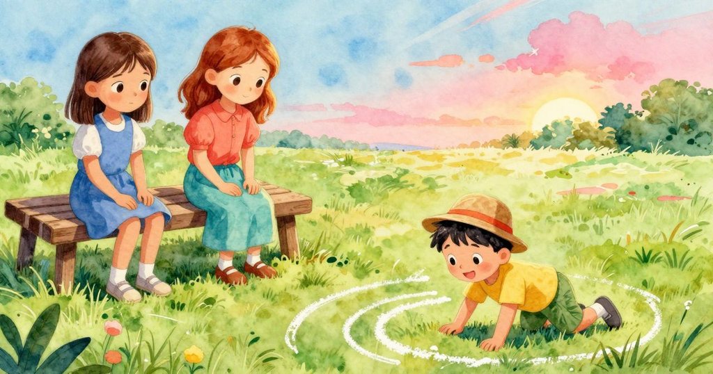 托比亞斯在田野邊用粉筆畫弧線,從高處俯瞰,瑪哥與伊妮聚集長椅邊,神情輕快興致盎然。