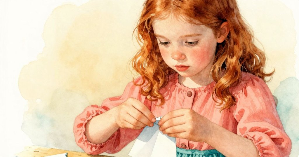 伊妮神情專注地在長椅邊摺造紙飛機,手勢細膩,表現內心掙扎與堅持,溫柔燈光映襯下顯得平靜。