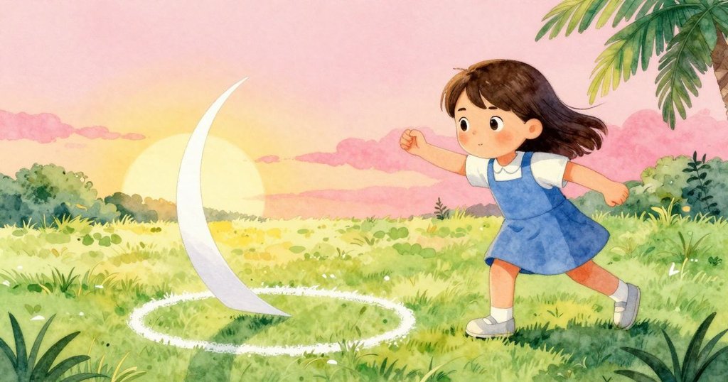 瑪哥注視著紙飛機在陽光草地上滑行,落入粉筆圈中,動作輕盈流暢,續篇暗示著冒險未完。