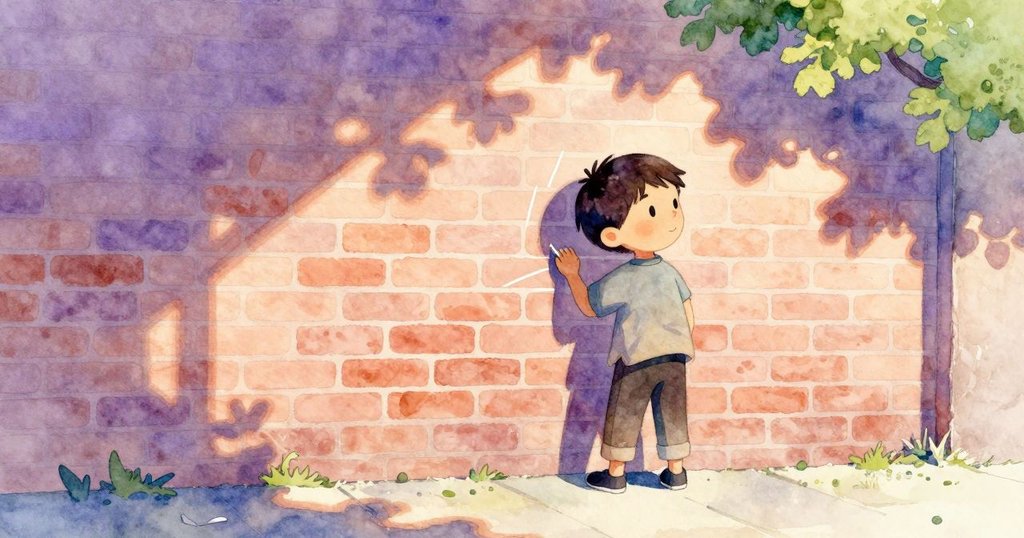 伊德里斯伸手觸摸帶有粉筆痕跡的磚牆，旁邊工具散落和條紋貓好奇觀望，場景角度傾斜充滿神秘感。