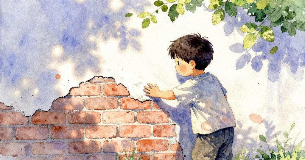 從上方視角見到伊德里斯輕觸斑駁的磚牆，細膩粉筆痕跡與牆面質感相映，流露回憶與沉思。