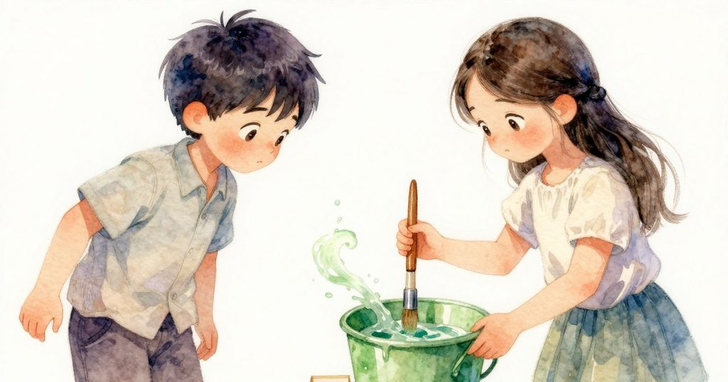 伊德里斯的手持刷子浸入透明綠漆中，液態如糖漿般旋轉，近景展現出奇幻水下質感。