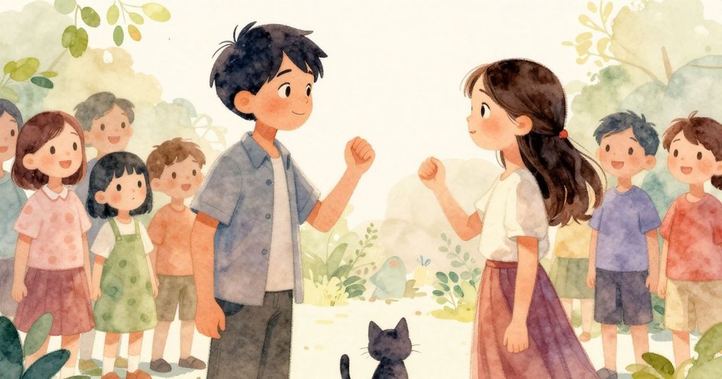 伊德里斯與艾瑞絲彼此對視微笑，完成邊界修補後心情愉悅，條紋貓在旁觀望，展現溫馨喜悅。