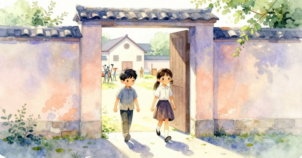 伊德里斯與艾瑞絲整理好工具踏出畫牆現場，眺望社區大廳前新起點，透露未來希望與寧靜心情。