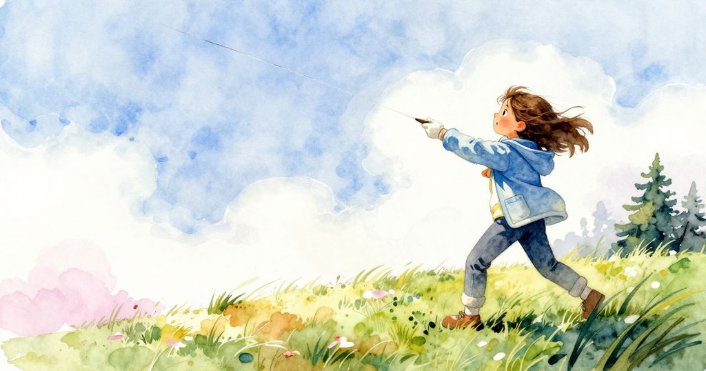 女孩在山丘草地上後退測試風箏線,藍黃風箏高飛,環境充滿清新氣息與活力。