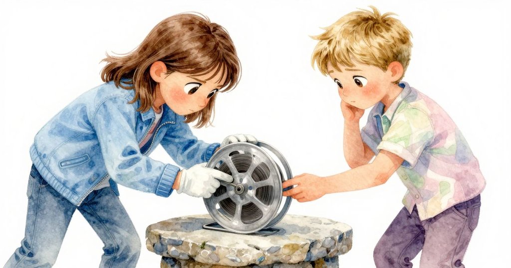 女孩戴著手套專注調整捲軸上纏繞的線圈,特寫展示細節與山丘石台背景。