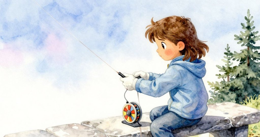 從背後觀察女孩專注調整風箏捲軸,背景為寬闊天際與輕柔雲影,展現穩定沉著情境。