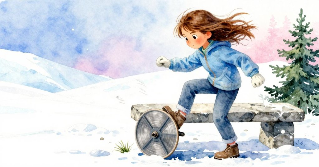 女孩用力踩住腳跟穩定翻滾捲軸,風箏隨強風吹動不穩,展現解決難題緊張瞬間。