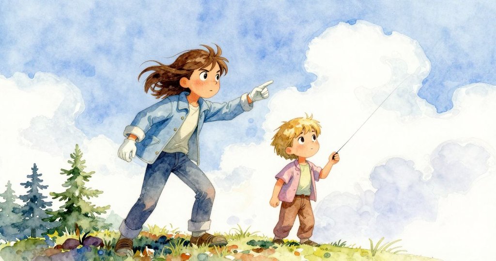 男孩遮陽拿著書呼喊,女孩專注調整風箏線,兩人互動呈現冒險中輕鬆與默契。