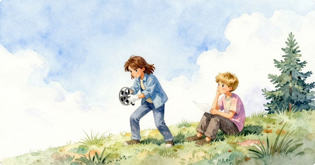 在平靜山丘上,女孩安置捲軸,男孩靜心作畫,風箏穩定飛舞,展現故事圓滿解決與和諧氛圍。
