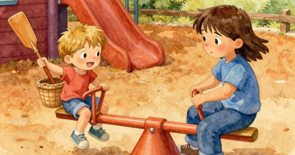 烏拉小心操作翹翹板，拉法特里則攀上較高端，旁邊的小籃子與玩具拍子呈現出鮮明的對比，充滿活力