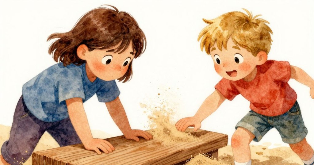 從烏拉的視角看見她輕觸翹翹板木板，細沙在微風中輕輕飄動，細節豐富展現平衡的微妙調整