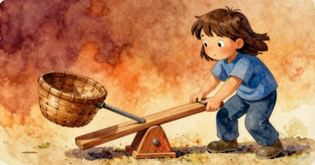 烏拉專注調整翹翹板，臉上流露著決心與思索，她一步步逼近支點，細膩呈現內心矛盾與動作細節