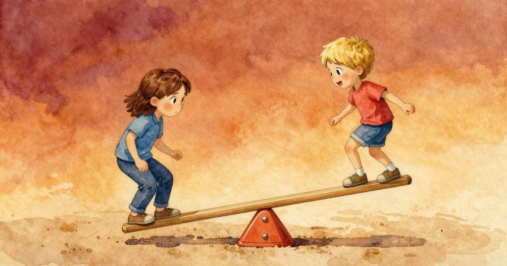 烏拉與拉法特里一同離開平衡的翹翹板，溫柔沙粒與輕微聲響營造出寧靜廣闊的遊樂場氛圍，展現解脫與協作