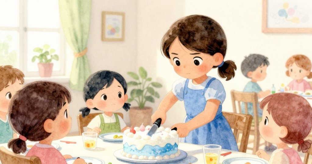 女孩在明亮室內開始切生日蛋糕，動作積極，背景有桌上盤子、溫暖晨光，情緒期待